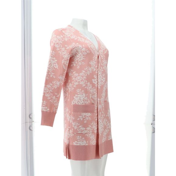 Nina Leonard Jacquard Open-Front Cardigan Pockets Blush Ivory 729837S - Picture 8 of 8